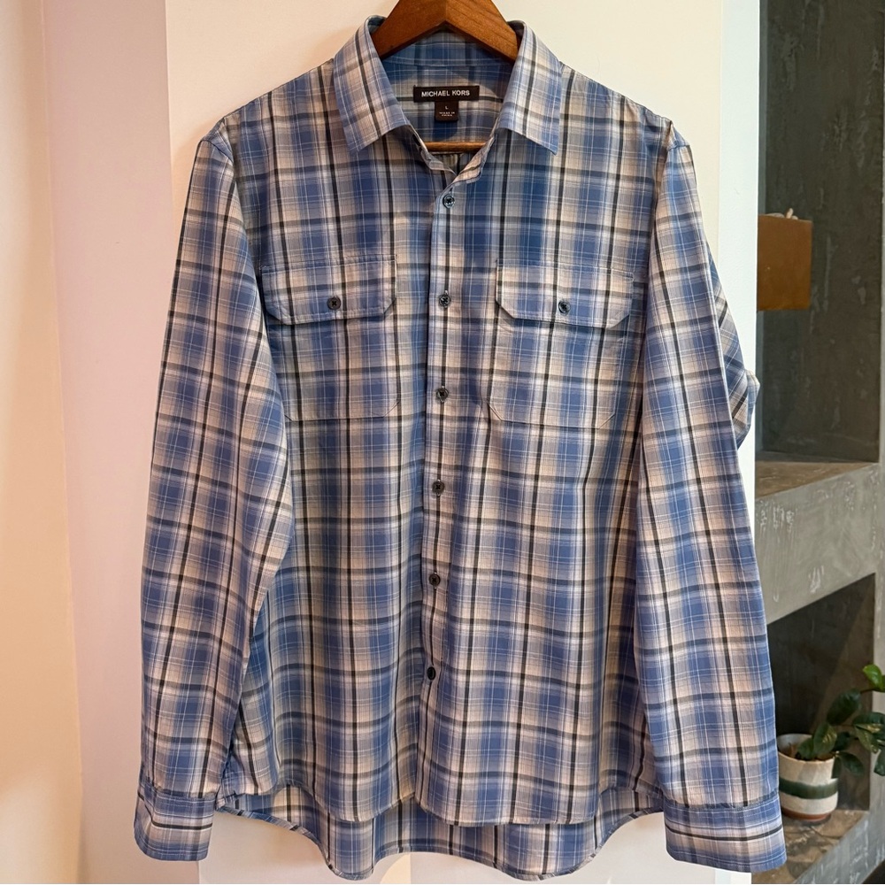 Michael Kors Dress shirt, Blue and White Plaid Long-Sleeve Shirt, Men’s Large - Picture 7 of 10